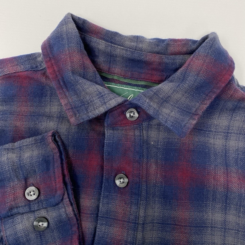 Woolrich Flannel Shirt Men Large Blue Burgundy Plaid Green Label Cotton Long Slv